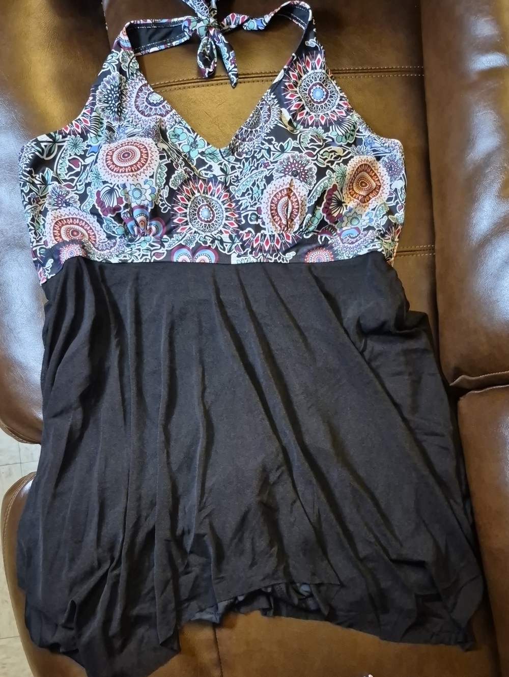 Women’s Black Halter Tankini Top with Floral Print (New Without Tags)